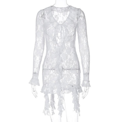 Long flared sleeve ruffle lace see through mini dress
