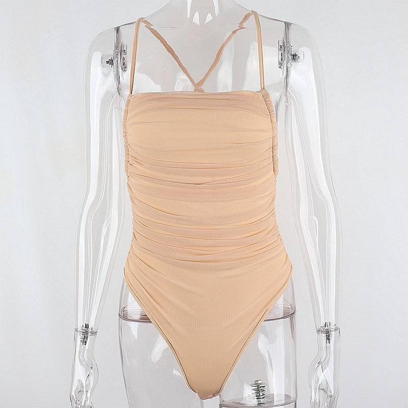 Corss back ruched self tie solid cami bodysuit
