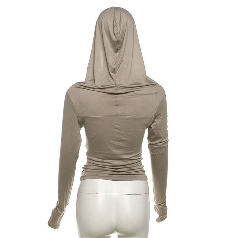 Hoodie long sleeve gloves knotted ruched v neck top