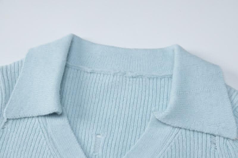 Button knitted solid long sleeve turnover collar mini skirt set-final-sale