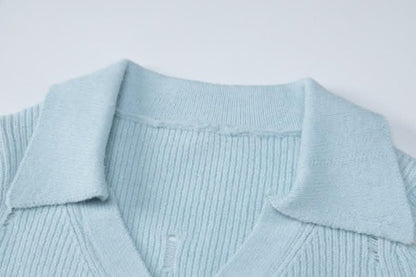 Button knitted solid long sleeve turnover collar mini skirt set-final-sale