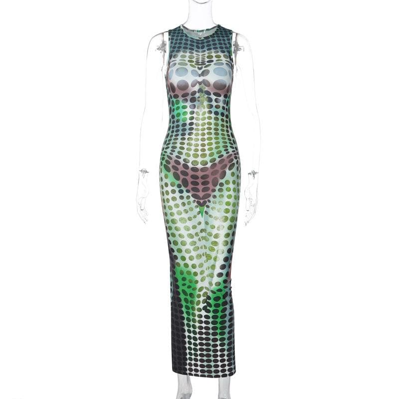 Crewneck Trompe Loeil Body Print Contrast Sleeveless Maxi Dress