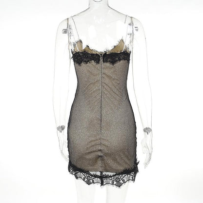 Lace glitter patchwork zip-up v neck cami mini dress