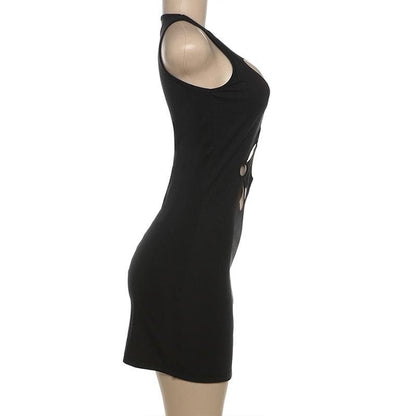 O ring hollow out crewneck solid cut out mini dress