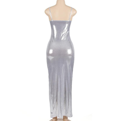 Backless u neck solid metallic cami maxi dress