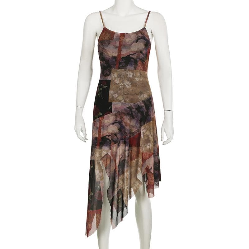 U neck ruffle irregular patchwork print cami midi dress
