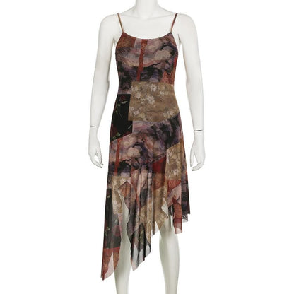 U neck ruffle irregular patchwork print cami midi dress