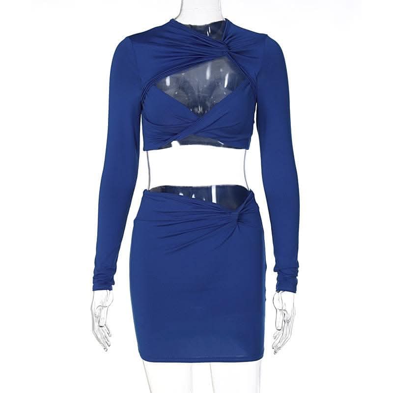 Knotted hollow out solid ruched long sleeve mini skirt set-final-sale
