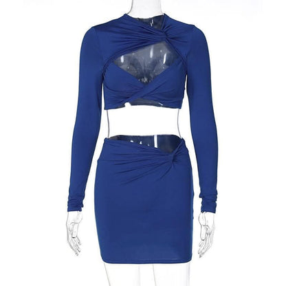 Knotted hollow out solid ruched long sleeve mini skirt set-final-sale