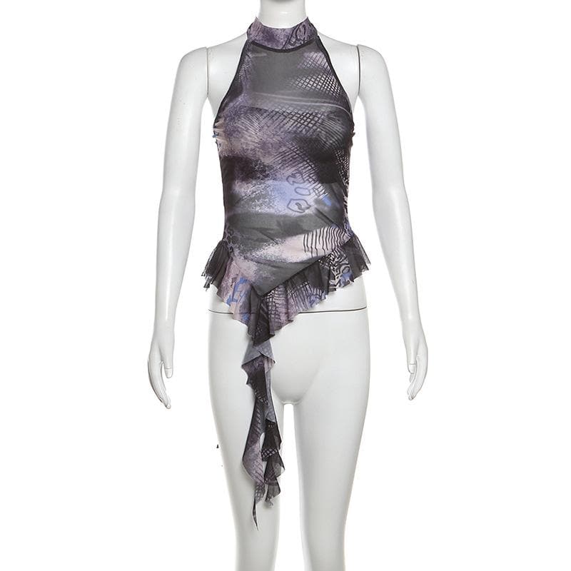 Halter ruffle print mesh irregular top