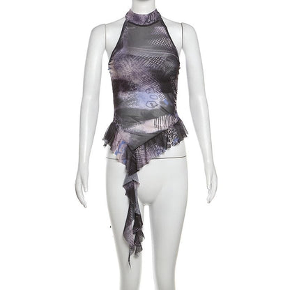 Halter ruffle print mesh irregular top