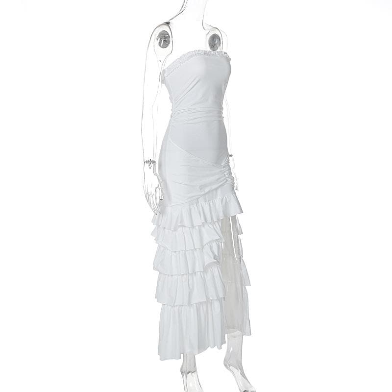 Ruffle ruched slit backless tube midi dress
