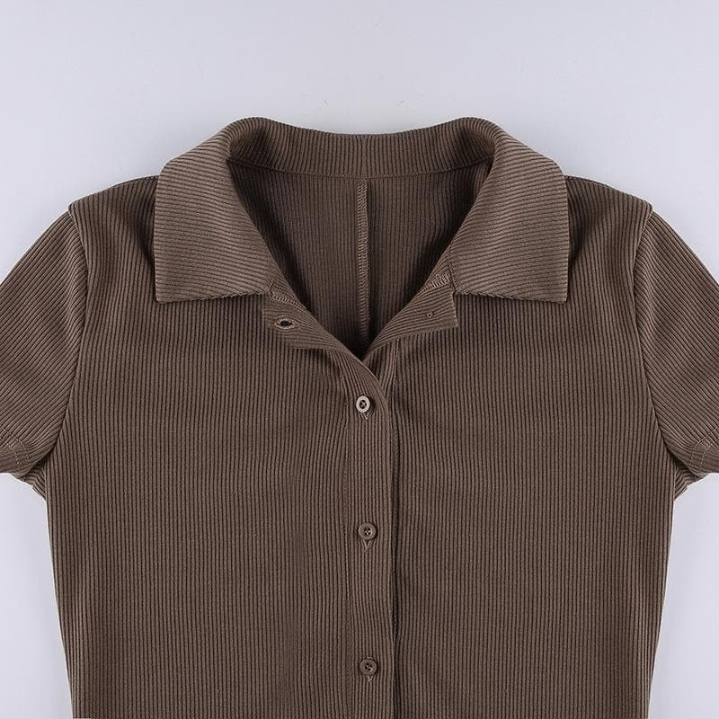 Turnover collar ribbed button romper