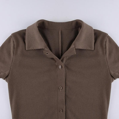 Turnover collar ribbed button romper