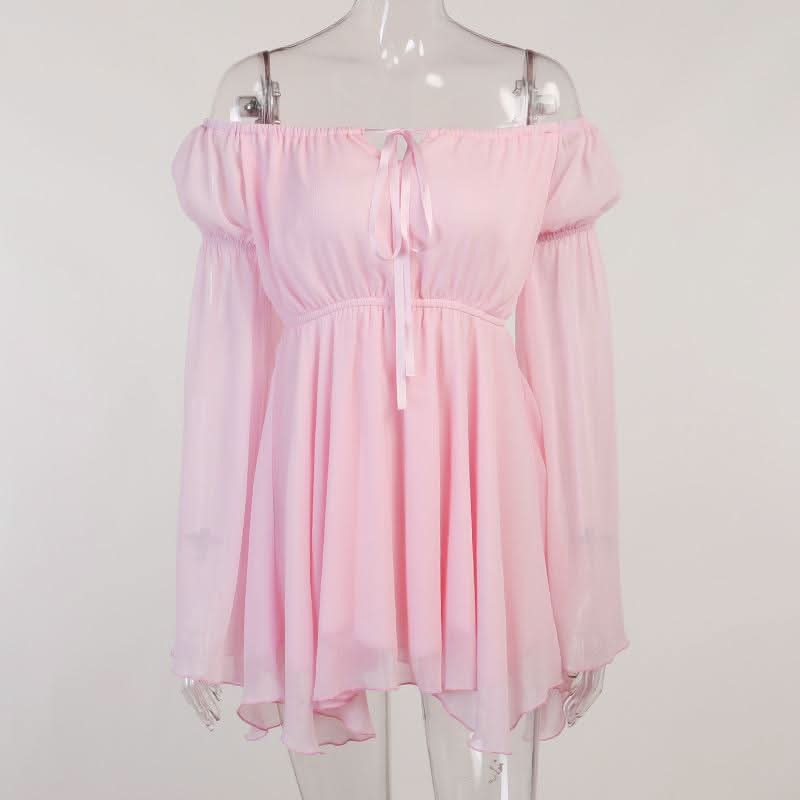 Off shoulder long flared self tie mini dress