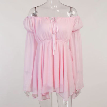 Off shoulder long flared self tie mini dress