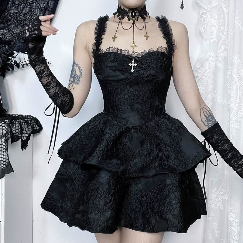 Ruffle zip-up cross applique square neck mini dress