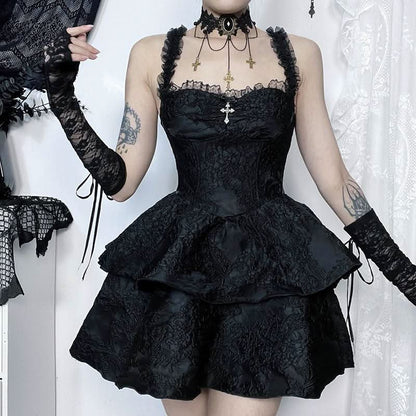 Ruffle zip-up cross applique square neck mini dress
