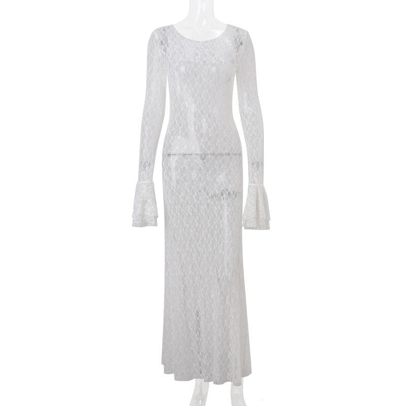Long flared sleeve lace see through maxi dress