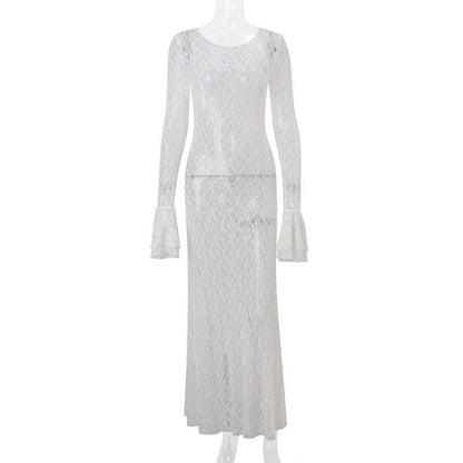 Long flared sleeve lace see through maxi dress