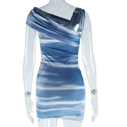 Off shoulder irregular print ruched mini dress