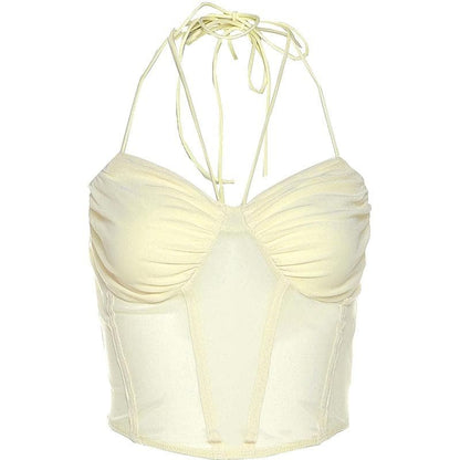 Halter self tie mesh backless ruched corset solid crop top
