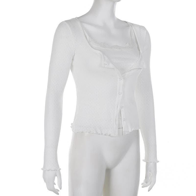 Button ruffle long sleeve lace hem textured solid 2 piece top