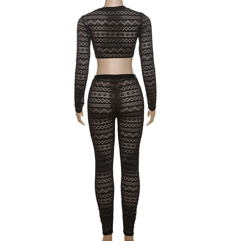 Long sleeve hollow out crewneck medium rise pant set