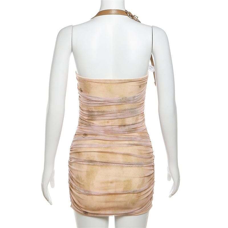 Halter buckle tie dye ruched mini dress