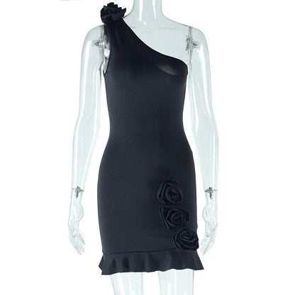 One shoulder irregular flower applique ruffle mini dress