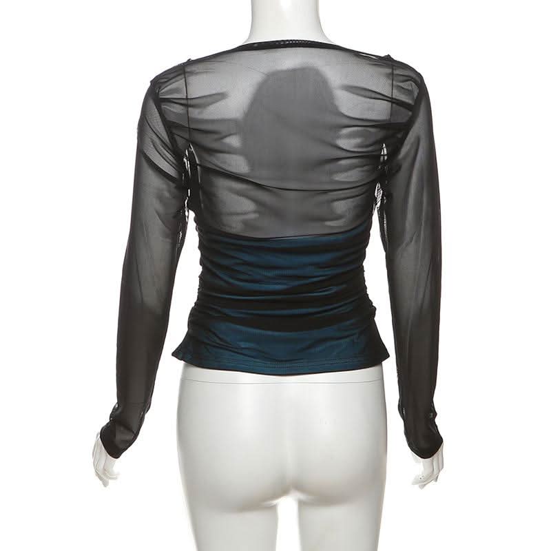 Long sleeve ruched mesh patchwork top