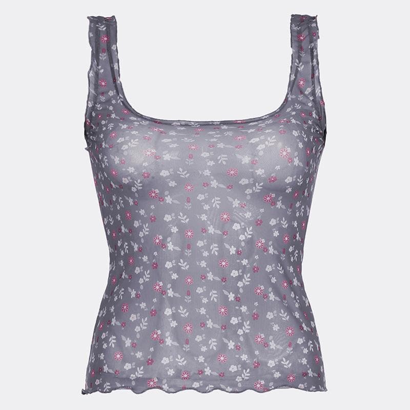 Square neck ruffle sheer mesh flower print tan tank top