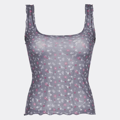 Square neck ruffle sheer mesh flower print tan tank top