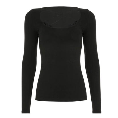 Cross front lace hem long sleeve hollow out cut out top