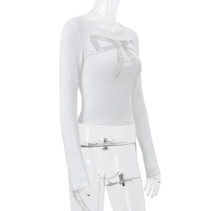 Long sleeve bowknot pattern lace mesh patchwork crewneck top