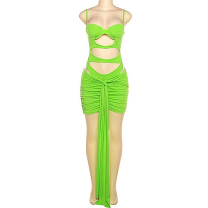 Hollow out solid ruched low cut self tie cami bodysuit mini skirt set-final-sale