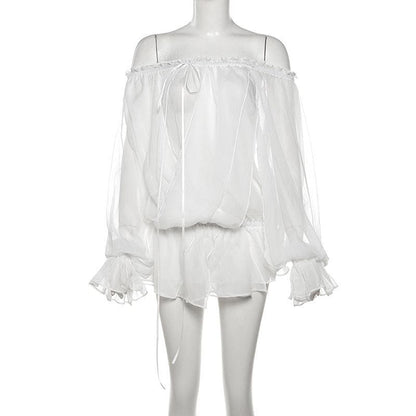 One shoulder chiffon long sleeve ribbon top