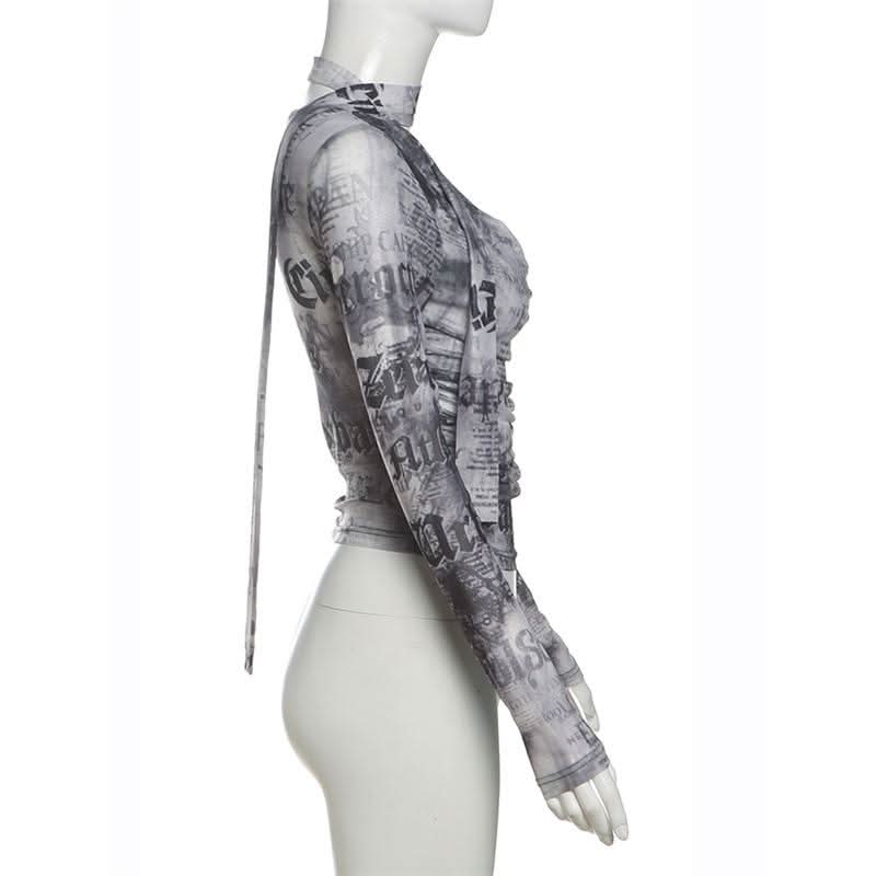 Cowl neck long sleeve mesh abstract print top
