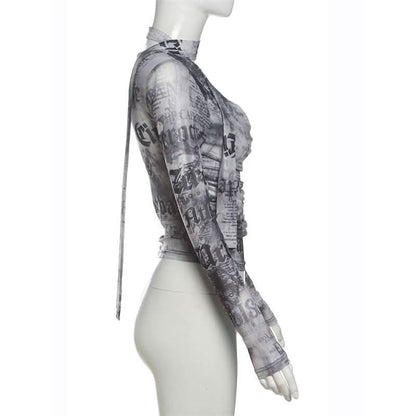 Cowl neck long sleeve mesh abstract print top