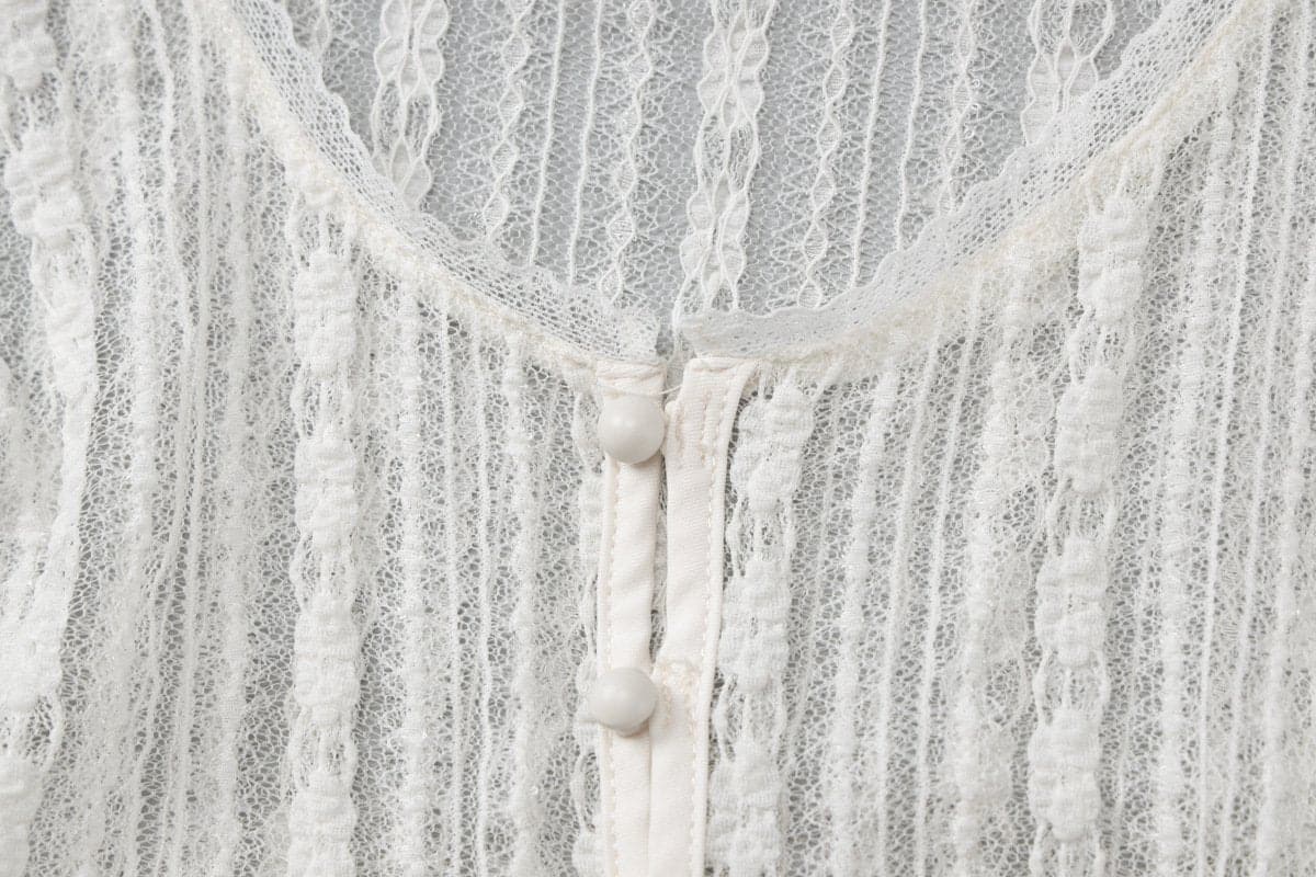 Short sleeve button lace see through crop top