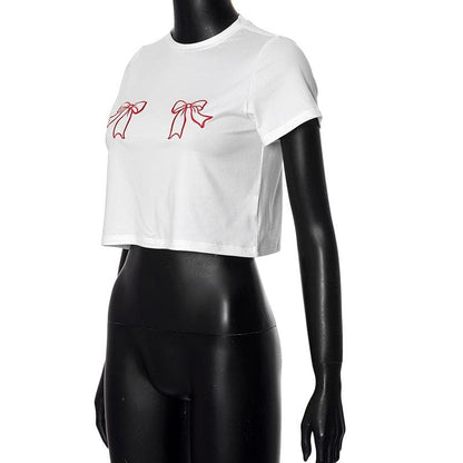 Short sleeve bowknot embroidery crewneck crop top