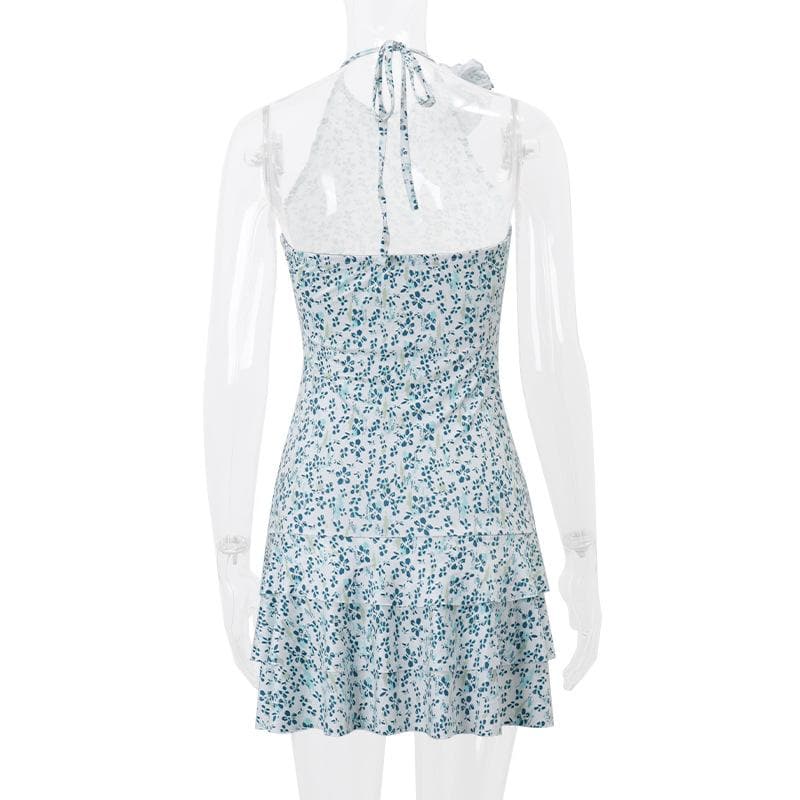 Halter print flower applique mini dress