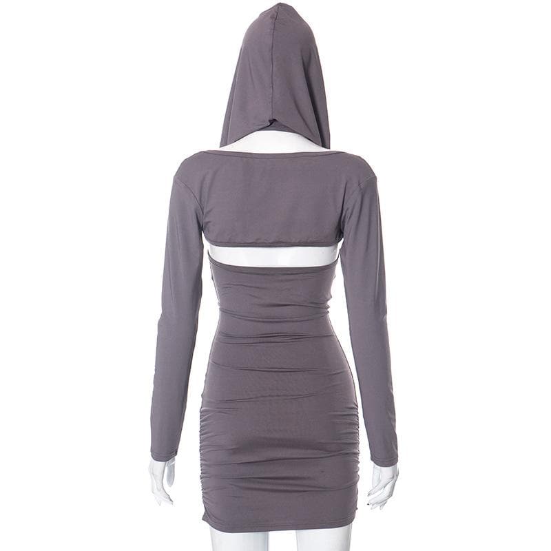Hooded Cold Shoulder Ruched Long Sleeve Bodycon Mini Dress