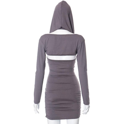 Hooded Cold Shoulder Ruched Long Sleeve Bodycon Mini Dress