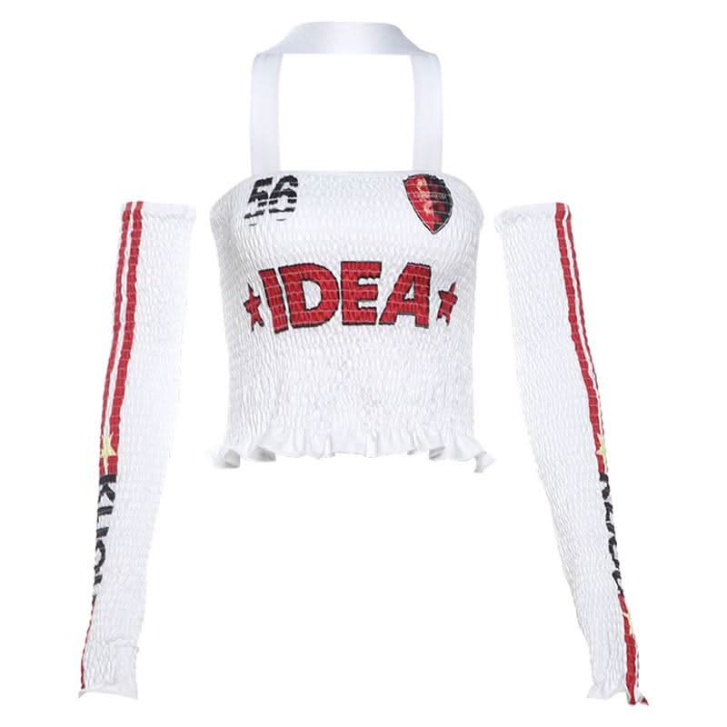 Halter gloves smocked ruffle letter print tube top