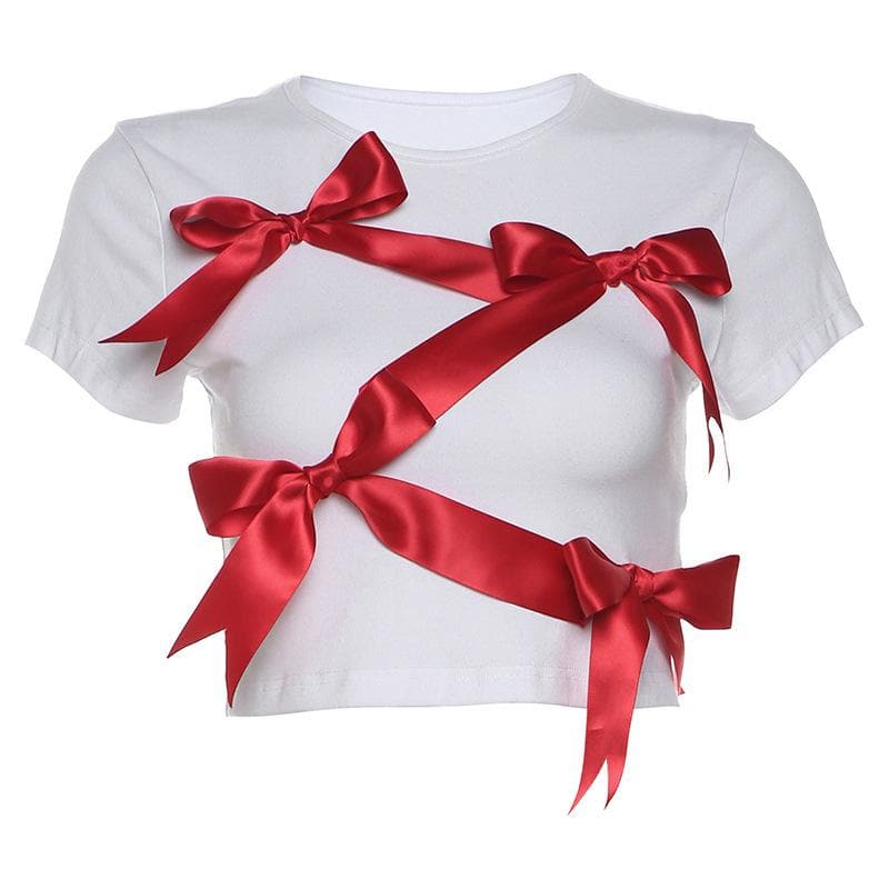 Short sleeve bowknot crewneck contrast top