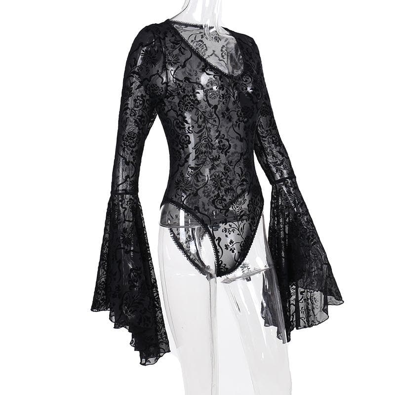 Long flared sleeve ruffle bowknot mesh see through bodysuit