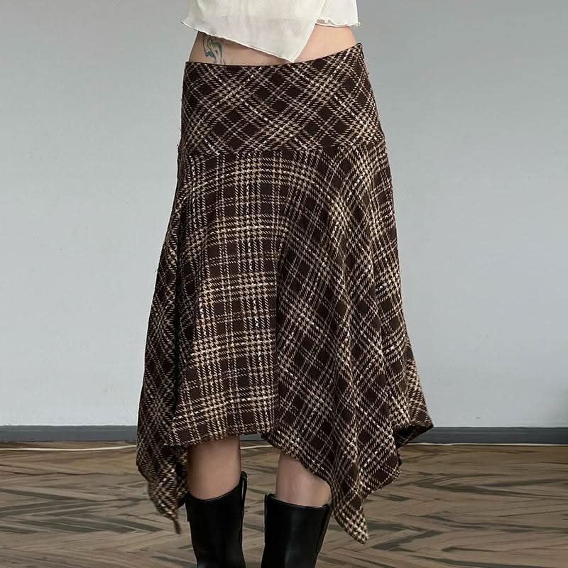 Plaid irregular zip-up contrast midi skirt