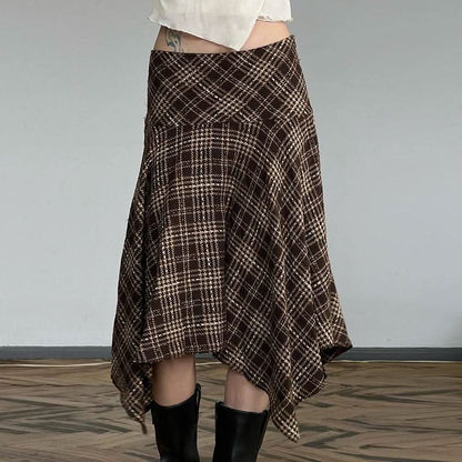 Plaid irregular zip-up contrast midi skirt
