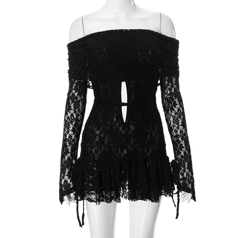 Long sleeve off shoulder lace self tie hollow out cut out mini dress